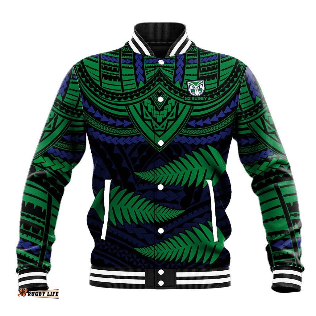 Custom Warriors Rugby Baseball Jacket Aotearoa Fern Polynesian Pattern