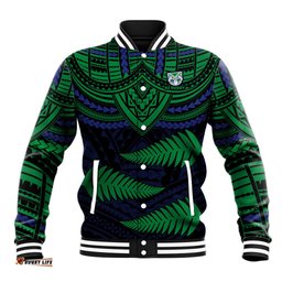 Custom Warriors Rugby Baseball Jacket Aotearoa Fern Polynesian Pattern
