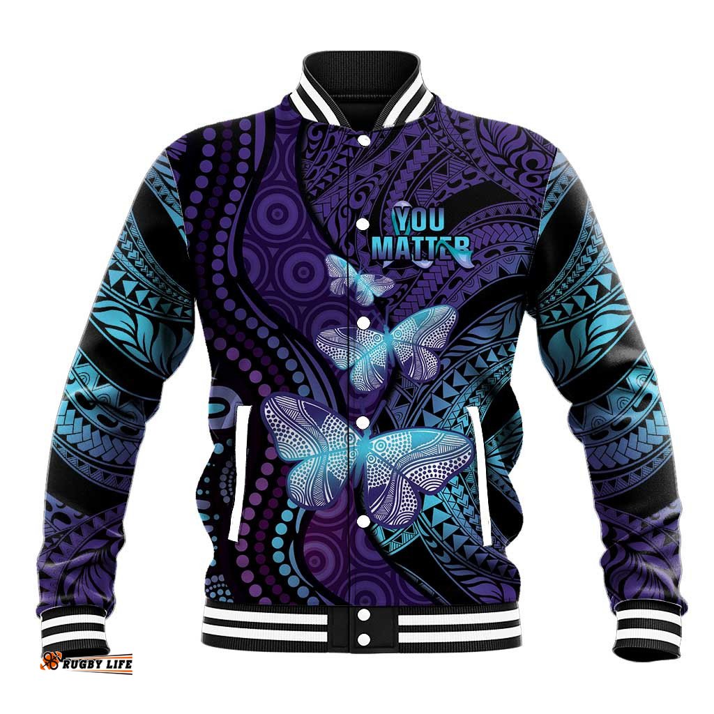 You Matter Suicide Prevention Awareness Baseball Jacket Butterfly Aboriginal Mix Polynesian Pattern