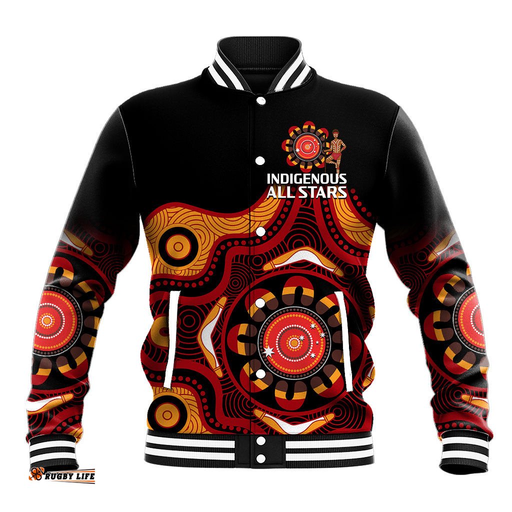 Custom Text And Number Australia Indigenous Rugby Baseball Jacket All Stars Aborigine Dreamtime Black Version