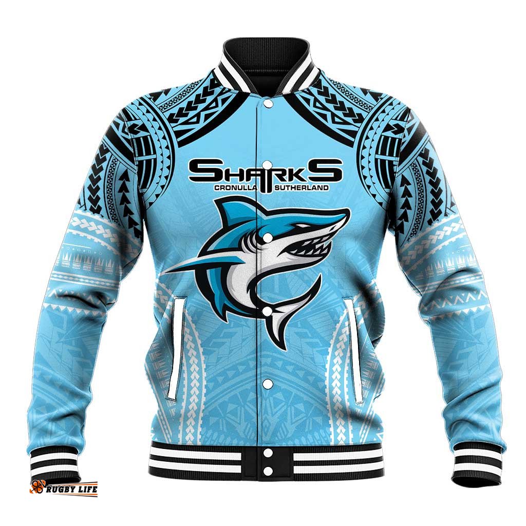 Sharks Rugby Custom Baseball Jacket With Polynesian Style
