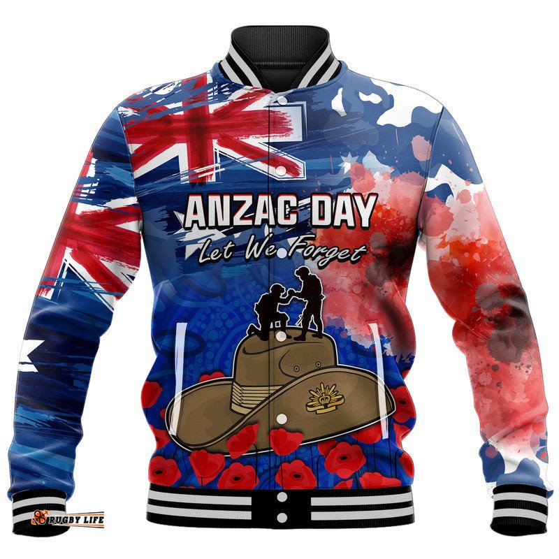 Australia ANZAC Day Baseball Jacket Grunge Australia Flag and Red Poppy