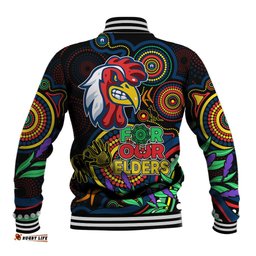 Roosters Rugby Aboriginal Art Baseball Jacket NAIDOC Indigenous Tribal