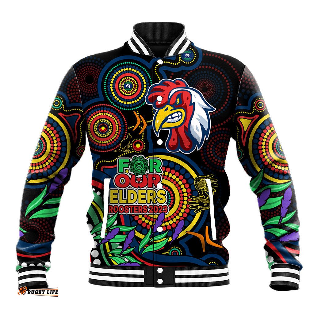 Roosters Rugby Aboriginal Art Baseball Jacket NAIDOC Indigenous Tribal