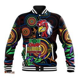 Roosters Rugby Aboriginal Art Baseball Jacket NAIDOC Indigenous Tribal