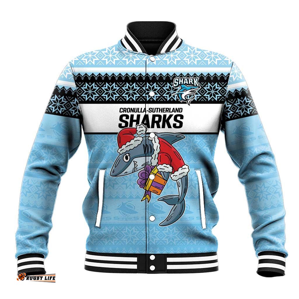 NRL Cronulla-Sutherland Christmas Personalised Baseball Jacket with Sharkies Santa