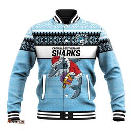 NRL Cronulla-Sutherland Christmas Personalised Baseball Jacket with Sharkies Santa