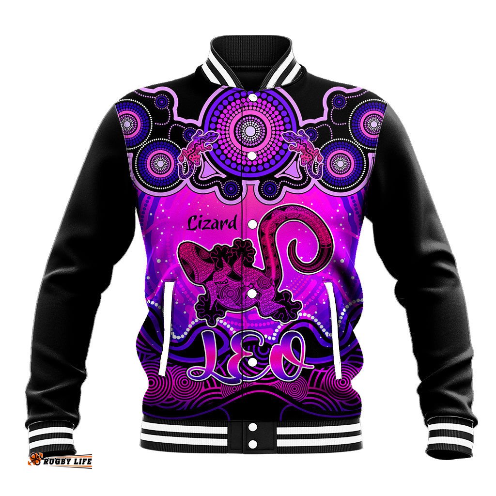 Personalised Australia Leo Lizard Zodiac Baseball Jacket Auz Astrology Aboriginal - Magenta
