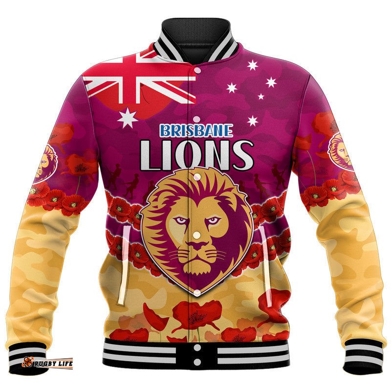 Custom Personalised Brisbane Lions Football ANZAC Baseball Jacket Lest We Forget