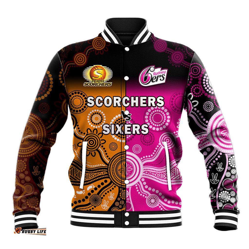 Custom Text And Number Perth Scorchers and Sydney Sixers Cricket Baseball Jacket Aboriginal Art