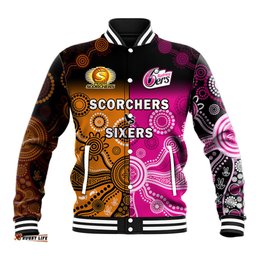 Custom Text And Number Perth Scorchers and Sydney Sixers Cricket Baseball Jacket Aboriginal Art