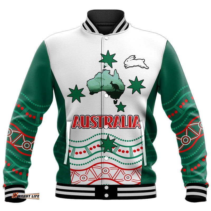 Custom Personalised Rabbitohs Australia Day Baseball Jacket Flag Map and Aboriginal Wave