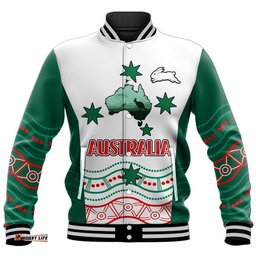 Custom Personalised Rabbitohs Australia Day Baseball Jacket Flag Map and Aboriginal Wave