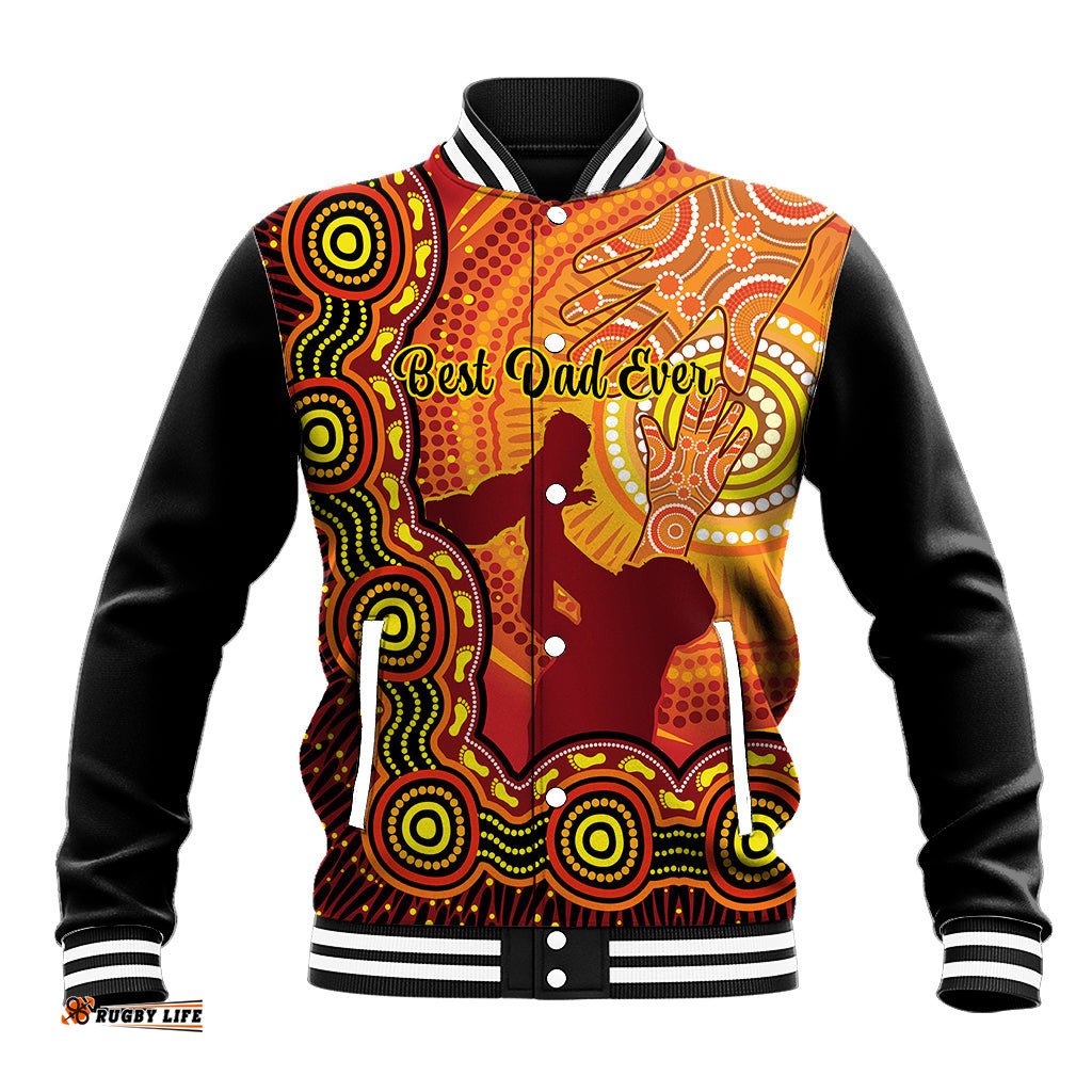 Australia Father Day Baseball Jacket Aussie Best Dad Ever Indigenous Hand Art
