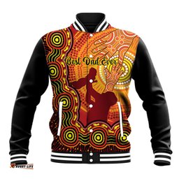 Australia Father Day Baseball Jacket Aussie Best Dad Ever Indigenous Hand Art