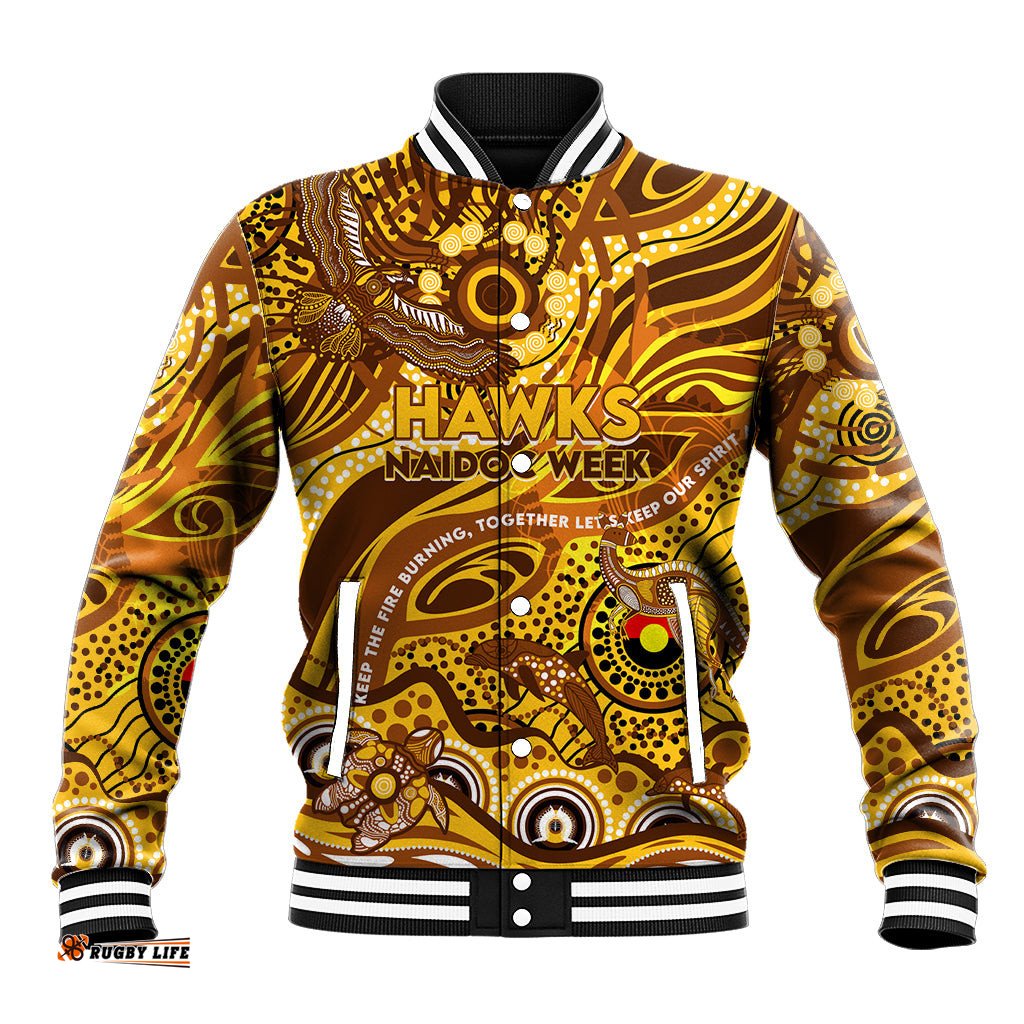 Custom NAIDOC Week 2024 Hawks Baseball Jacket Aboriginal Animals Keep The Fire Burning DT02