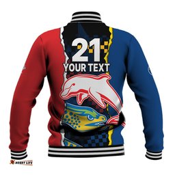 Custom Text And Number NRL Combine Dolphins and Parra Eels Baseball Jacket Simple Style