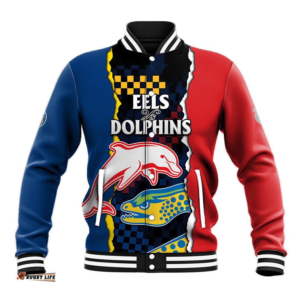 Custom Text And Number NRL Combine Dolphins and Parra Eels Baseball Jacket Simple Style