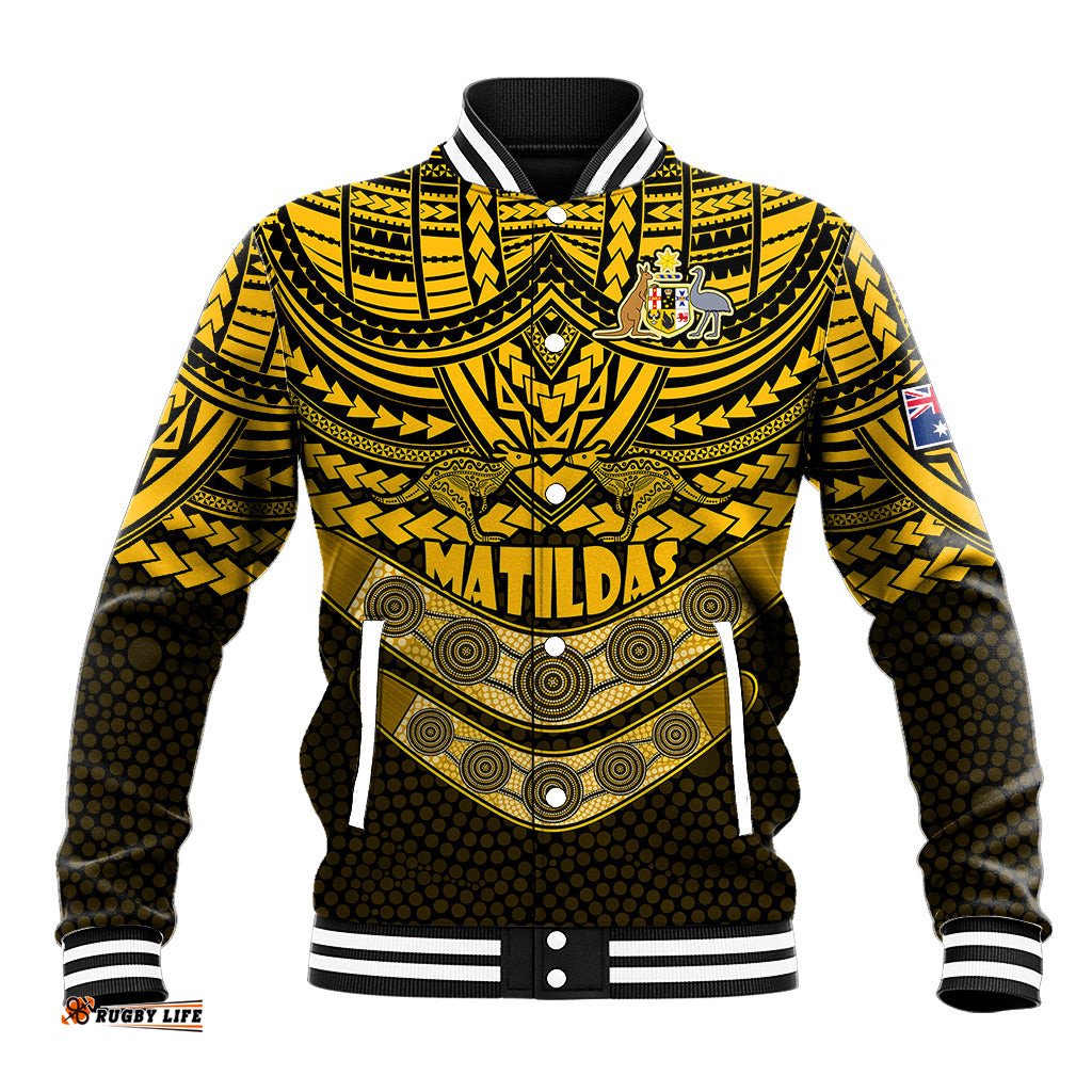 Matildas Soccer Baseball Jacket Polynesian and Aboriginal Gold Vibe