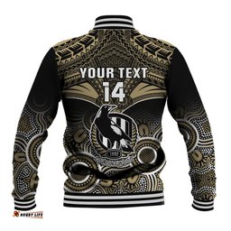 Personalised Collingwood Football Baseball Jacket Go Magpies Aboriginal Mix Polynesian Pattern