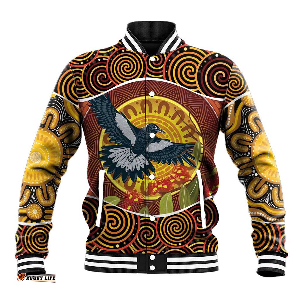 Aboriginal Magpies Dots Art Baseball Jacket Native Australian Animals