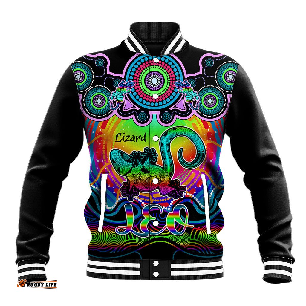 Personalised Australia Leo Lizard Zodiac Baseball Jacket Auz Astrology Aboriginal - Rainbow
