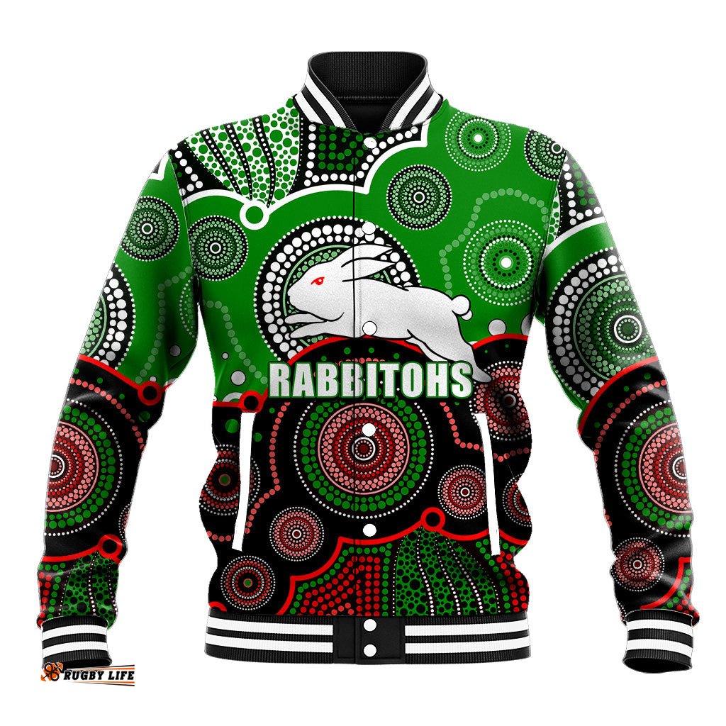 Custom Personalised And Number Rabbitohs NRL Baseball Jacket Aboriginal Patterns