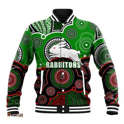 Custom Personalised And Number Rabbitohs NRL Baseball Jacket Aboriginal Patterns