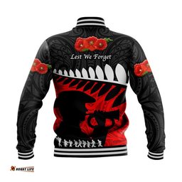 New Zealand Maori ANZAC Baseball Jacket Remembrance Soldier - Black