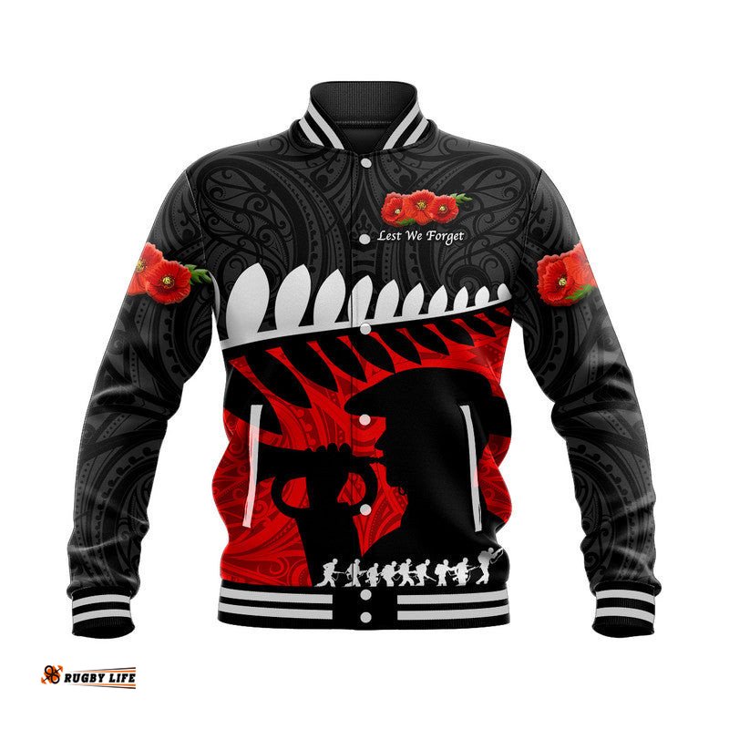 New Zealand Maori ANZAC Baseball Jacket Remembrance Soldier - Black
