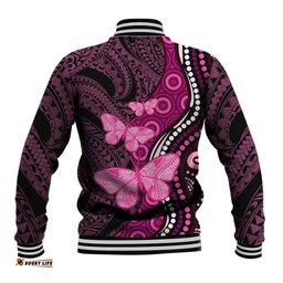 Think Pink Breast Cancer Awareness Baseball Jacket Butterfly Aboriginal Mix Polynesian Pattern