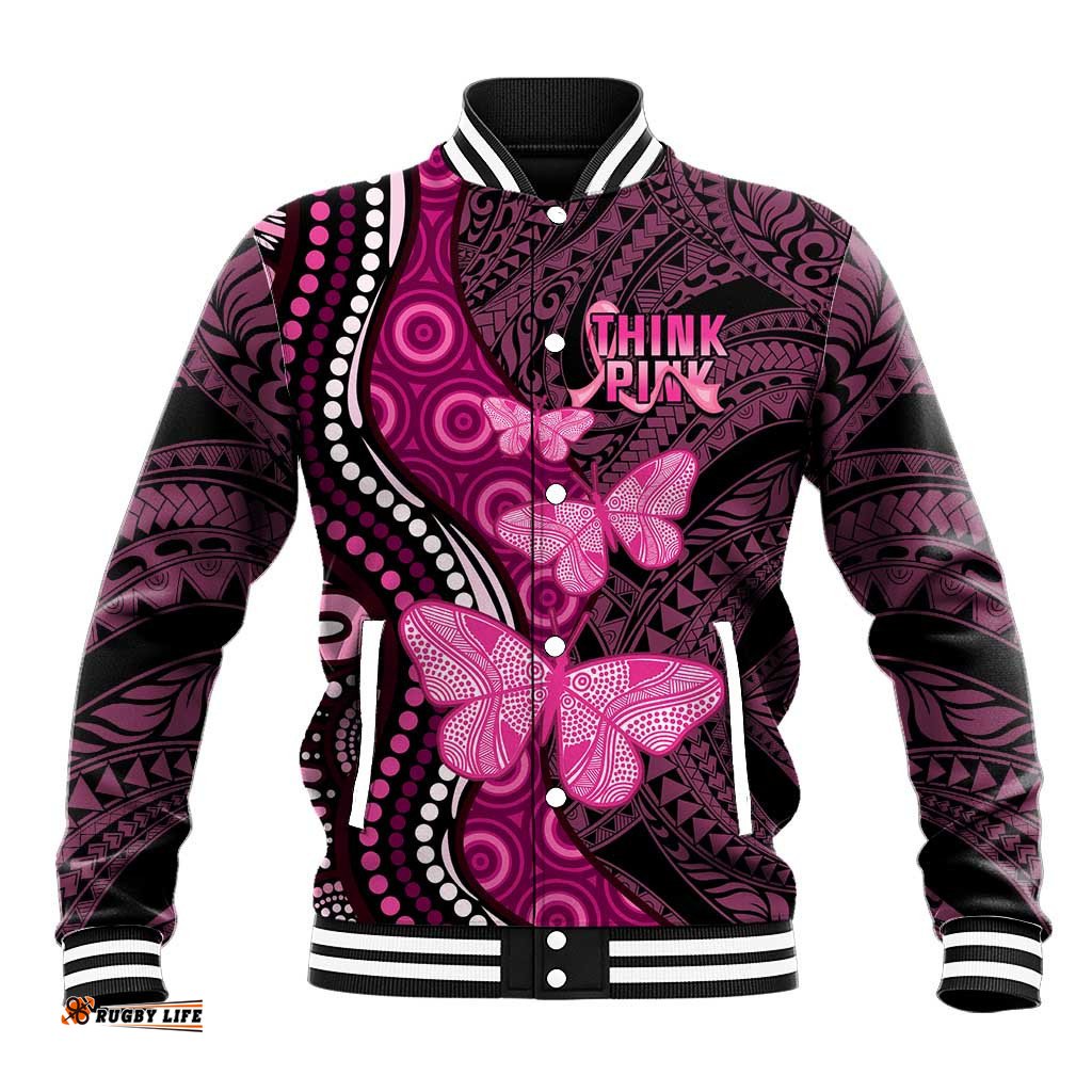 Think Pink Breast Cancer Awareness Baseball Jacket Butterfly Aboriginal Mix Polynesian Pattern