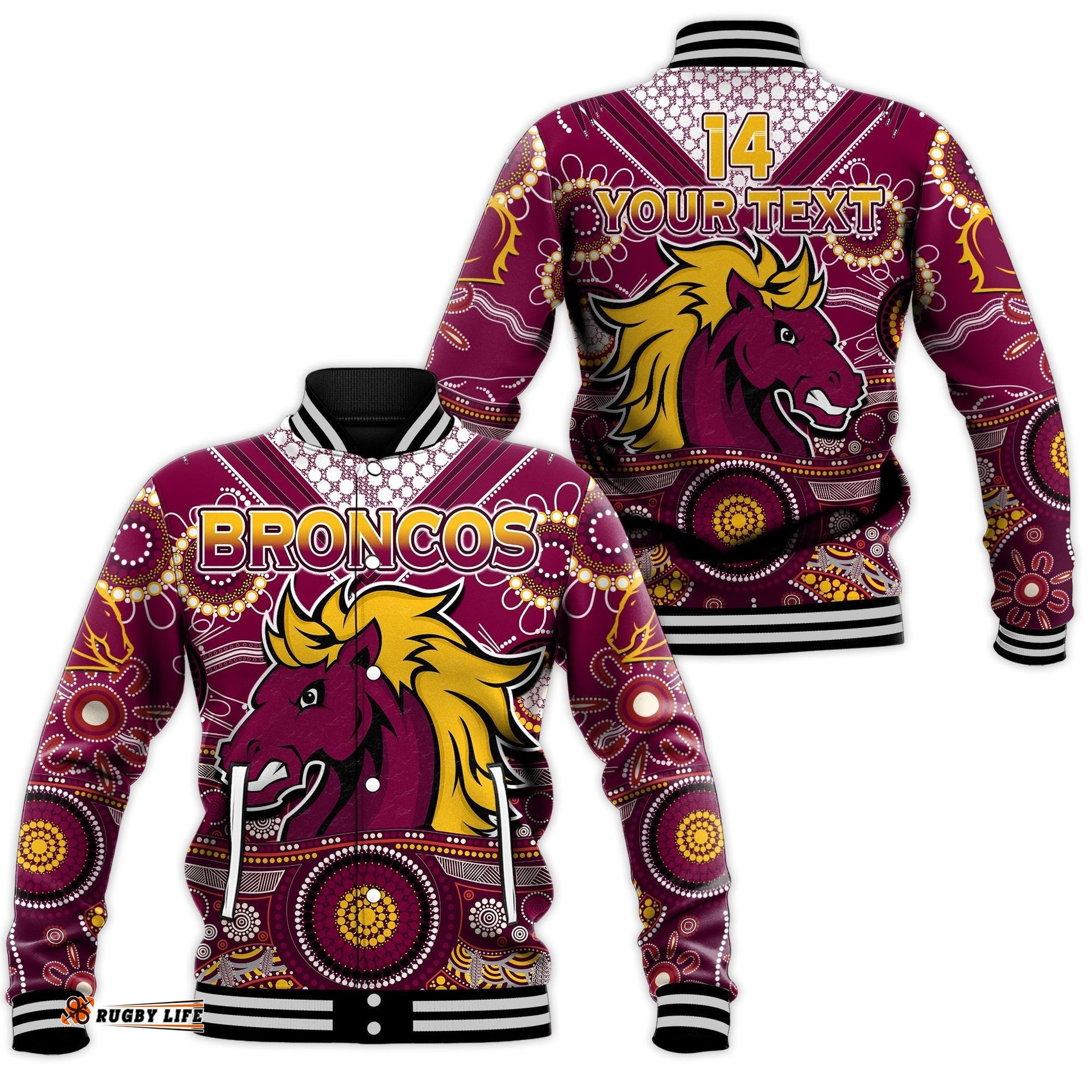 Custom Text And Number Broncos Rugby Baseball Jacket Indigenous Pattern Artsy Ver.02