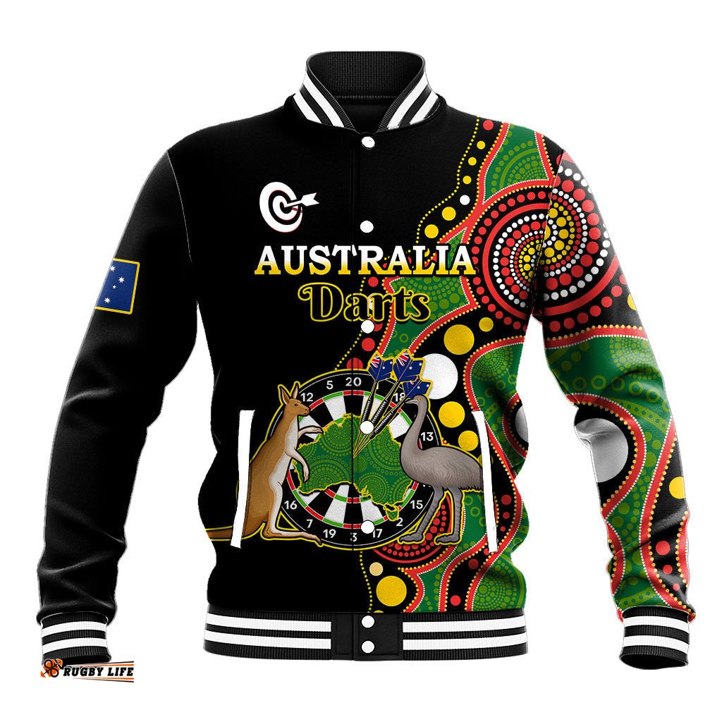 Custom Personalised Australia Darts Indigenous Art Mix Kangaroo And Emu Baseball Jacket