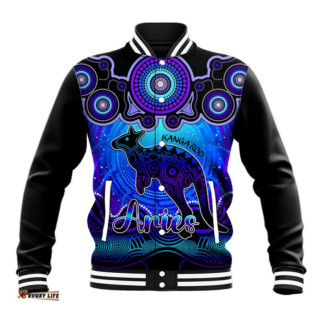 Personalised Australia Aries Kangaroo Zodiac Baseball Jacket Auz Astrology Aboriginal - Blue