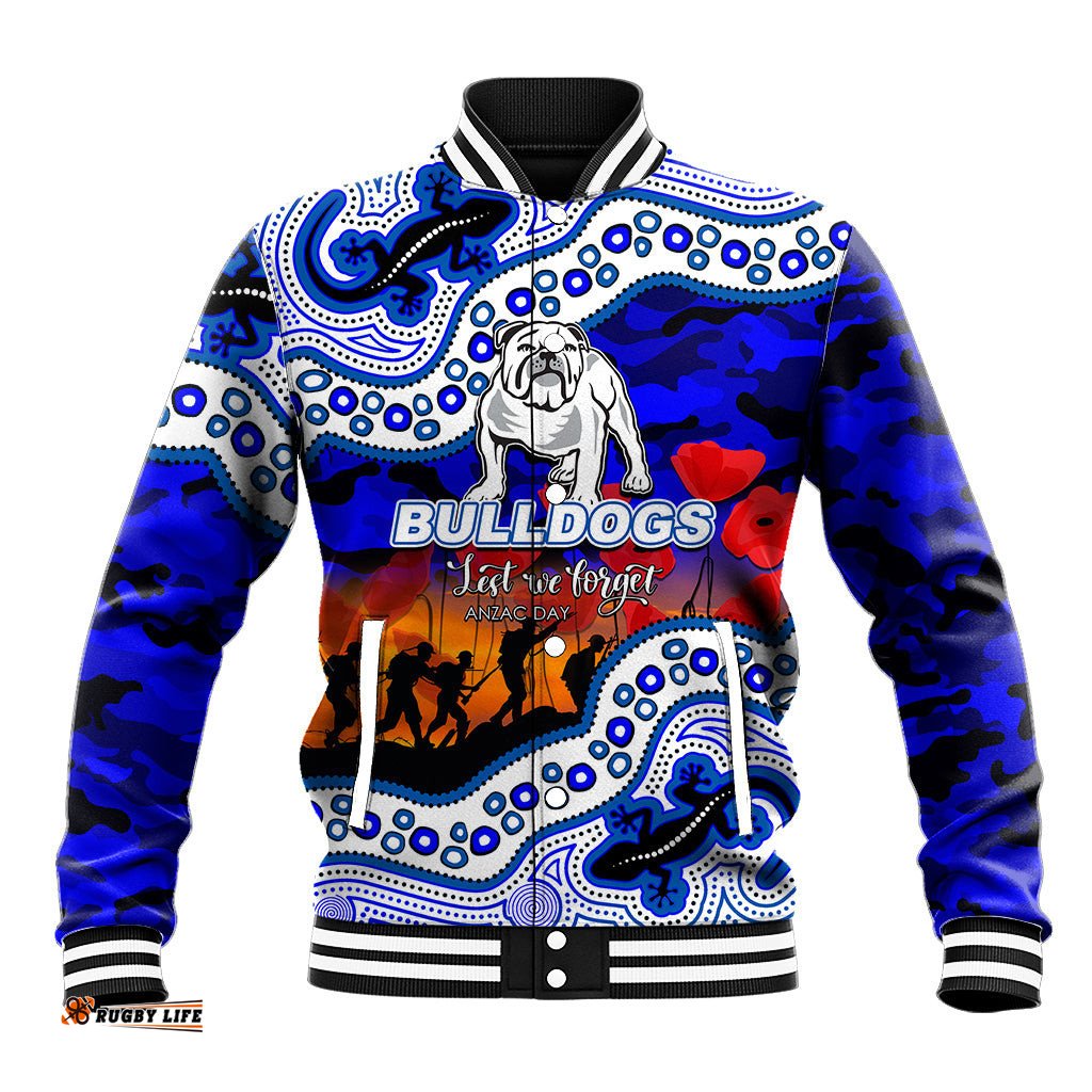 Custom Personalised Anzac Day NRL - Bulldogs Baseball Jacket Aboriginal Lizard Patterns