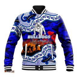 Custom Personalised Anzac Day NRL - Bulldogs Baseball Jacket Aboriginal Lizard Patterns