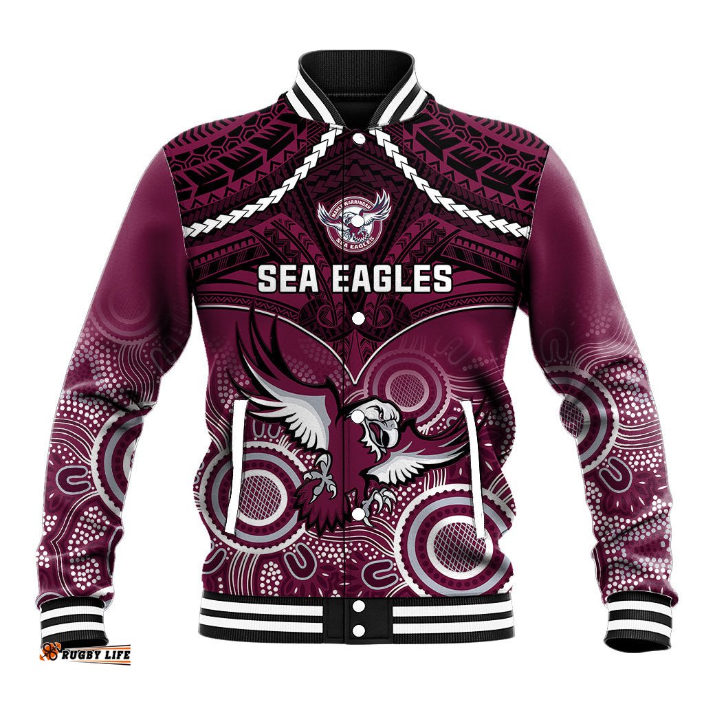 Sea Eagles Rugby Baseball Jacket Aboriginal Mix Polynesian Pattern
