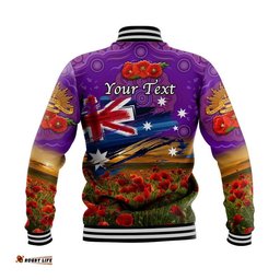 Custom Personalised Australia Aboriginal ANZAC Baseball Jacket Poppy Vibes - Purple