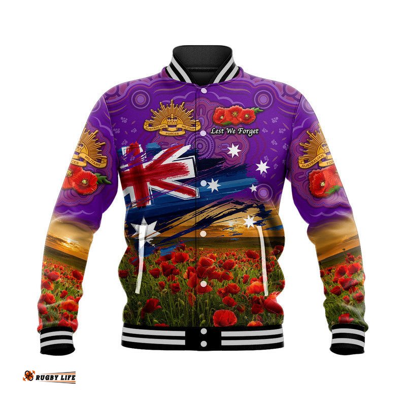 Custom Personalised Australia Aboriginal ANZAC Baseball Jacket Poppy Vibes - Purple