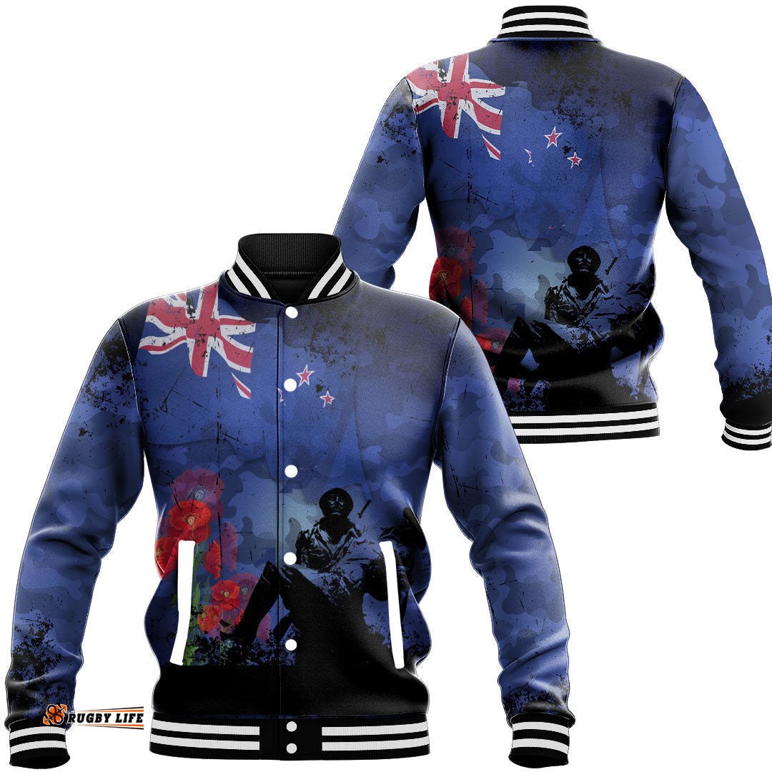 Vibe Hoodie Clothing - New Zealand Anzac Day Soldier & Poppy Camouflage Baseball Jacket