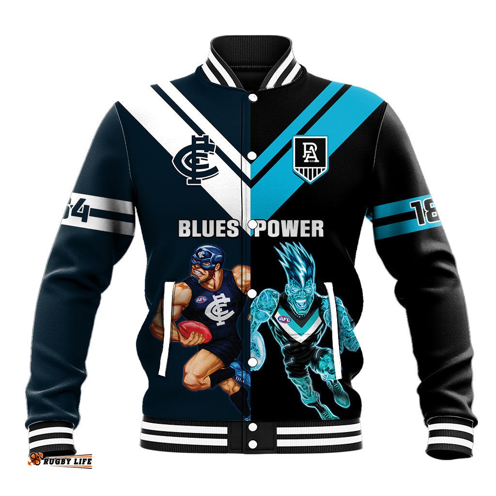 Personalised Carlton And Port Adelaide Football Baseball Jacket Blues Mix Power Sporty Version