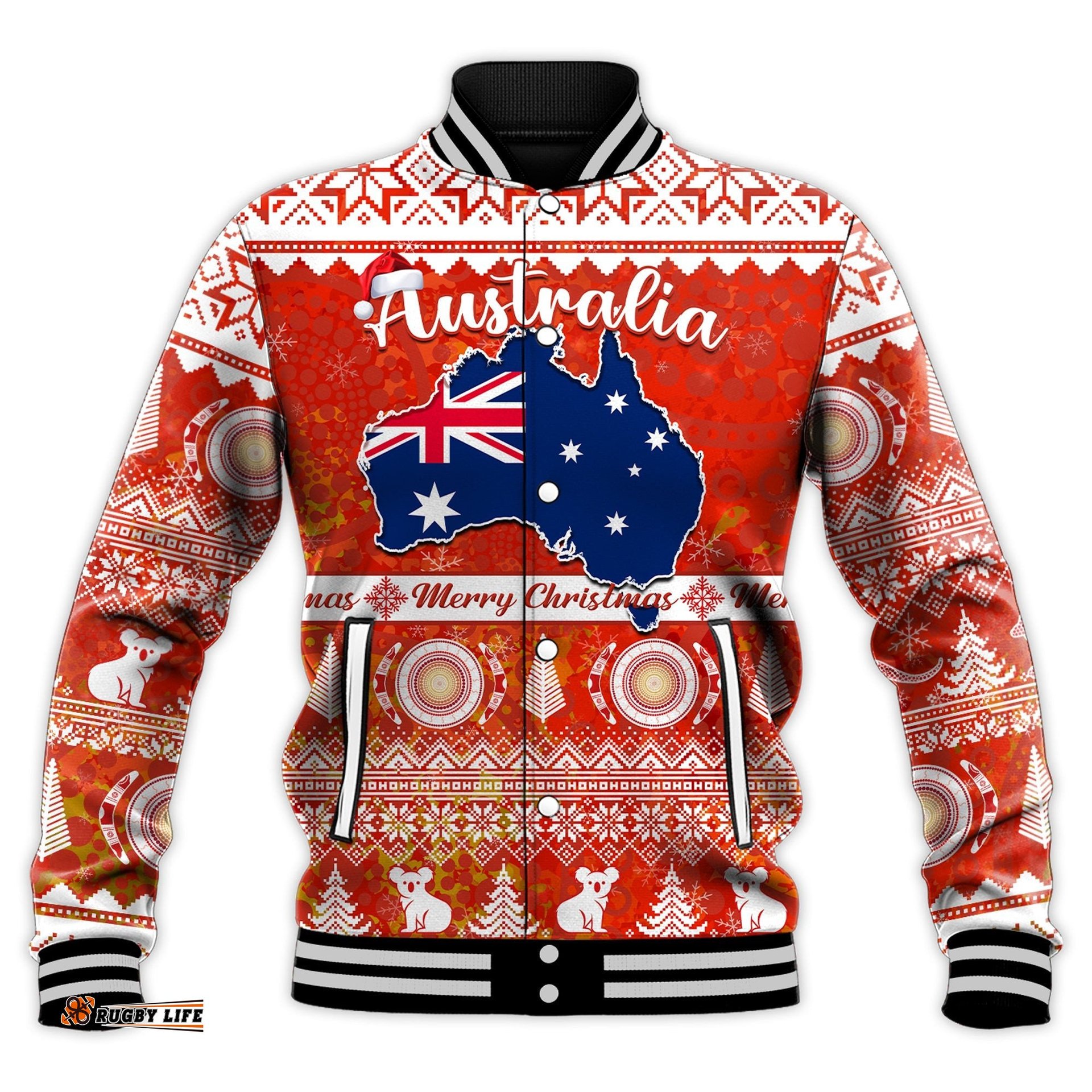 Custom Personalised Australia Baseball Jacket Australian Map Aboriginal Painting Merry Christmas