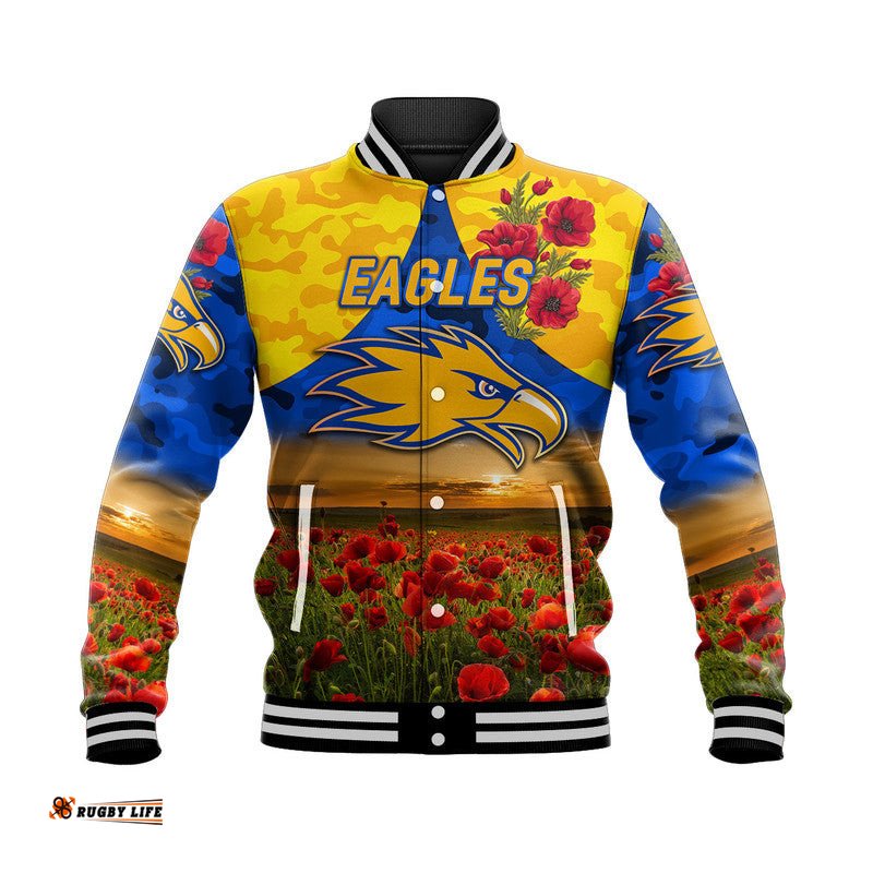 Custom Personalised West Coast Eagles ANZAC Baseball Jacket Poppy Vibes - Royal Blue