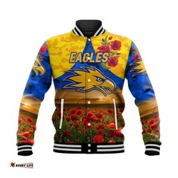 Custom Personalised West Coast Eagles ANZAC Baseball Jacket Poppy Vibes - Royal Blue