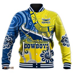 Custom Text and Number Cowboys Rugby Baseball Jacket Aboriginal Boomerang Go Premiers North Queensland