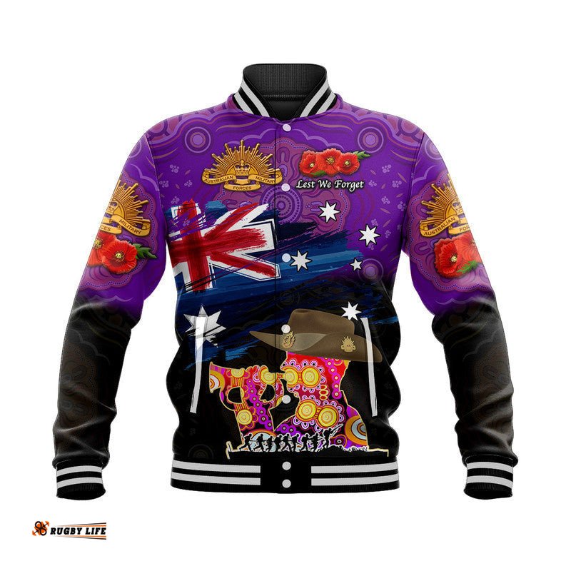 Custom Personalised Australia Aboriginal ANZAC Baseball Jacket Remembrance Vibes - Purple