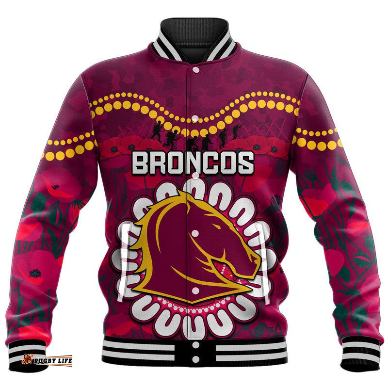 Custom Personalised Broncos Rugby ANZAC Baseball Jacket Camouflage Poppy