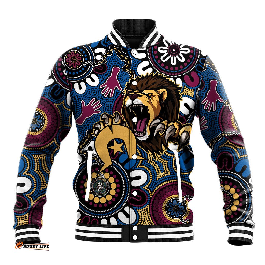 Custom Lions Football NAIDOC Week 2024 Baseball Jacket Fire Burning Aboriginal Dots Art