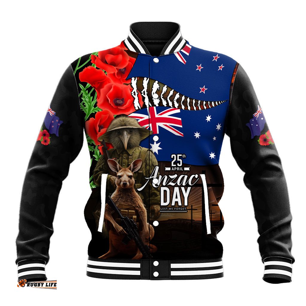 New Zealand and Australia ANZAC Day Baseball Jacket National Flag mix Kiwi Bird and Kangaroo Soldier Style